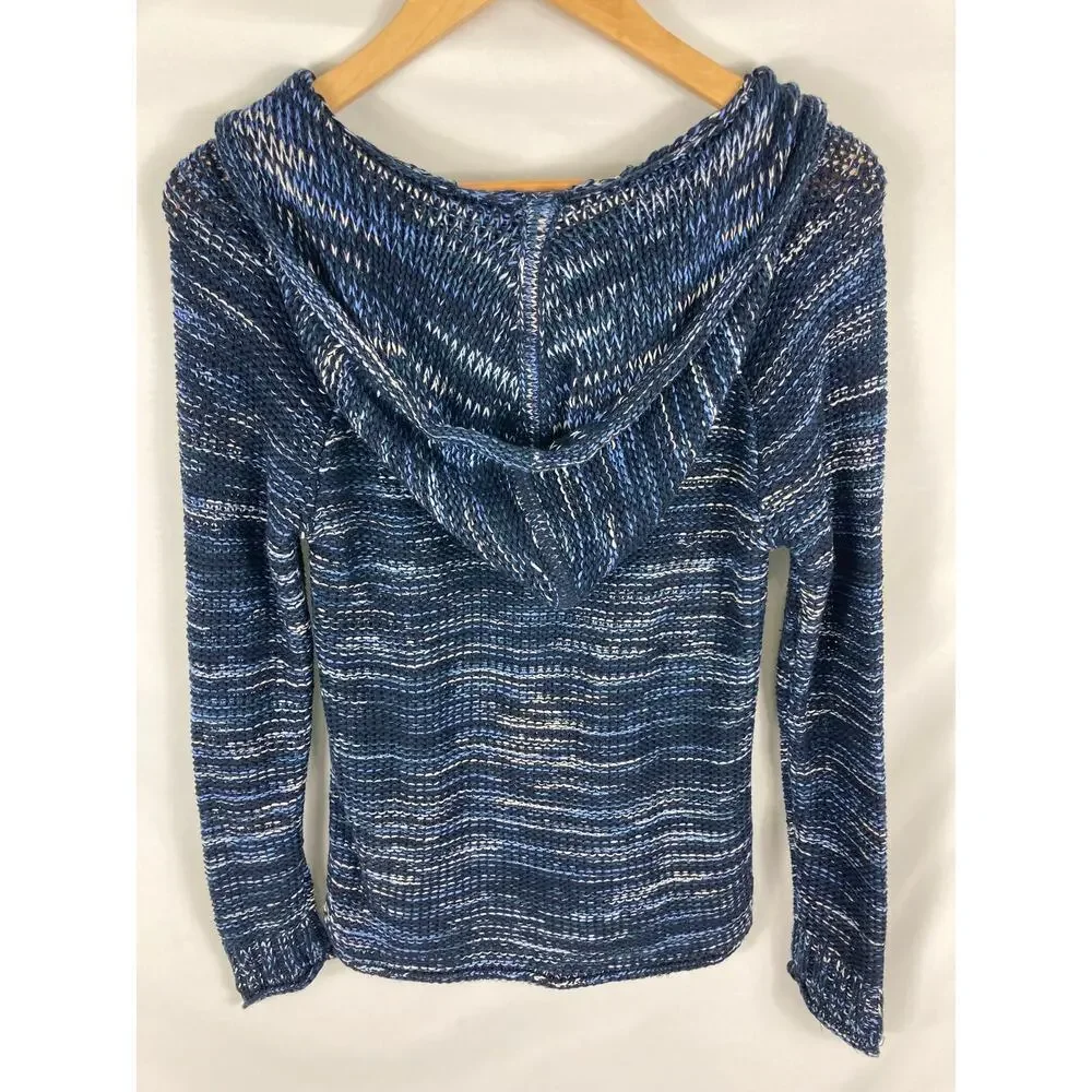 Eddie Bauer Blue V Neck Hooded Loose Knit Sweater Womans Small